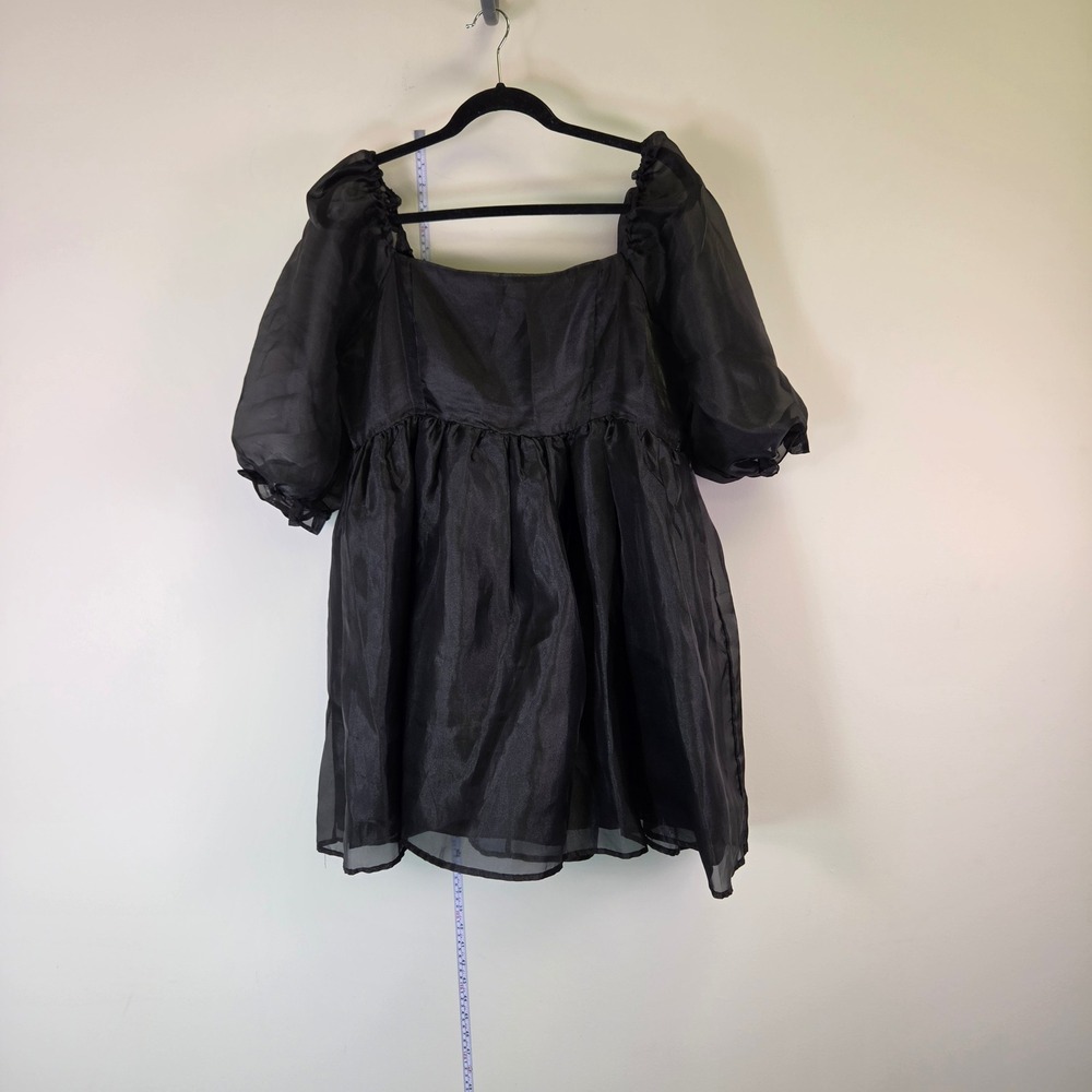 Black Organza Puff Sleeve Babydoll Mini Dress Square Neck Sheer Overlay